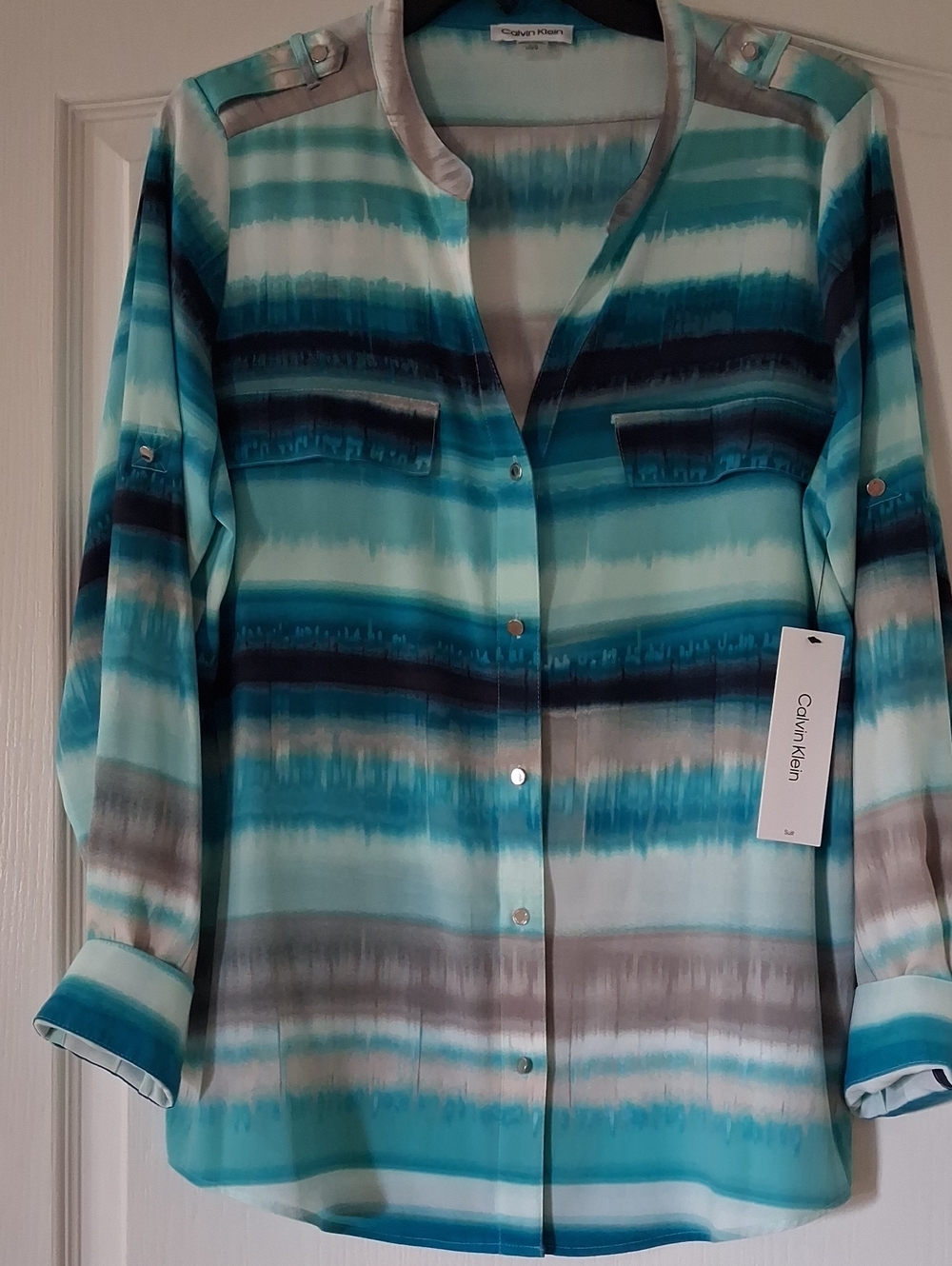 Calvin Klein Aqua, Teal & Gray Striped Button-Front Blouse